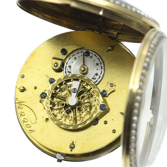 Swiss gold enamel watch studded with half pearls Circa 1790 Swiss gold enamel watch studded with half pearls Circa 1790