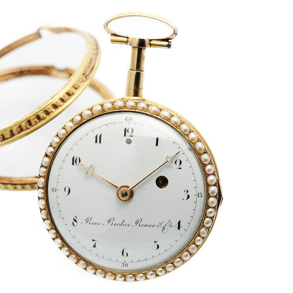 Swiss half pearl-set gold enamel repeating pocket watch Circa 1820 Swiss half pearl-set gold enamel repeating pocket watch Circa 1820