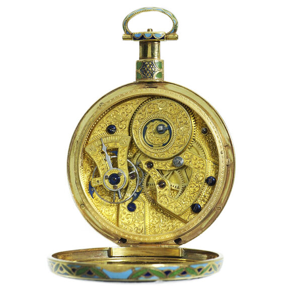 Swiss gold enamel pocket watch with centre seconds Circa 1840 Swiss gold enamel pocket watch with centre seconds Circa 1840