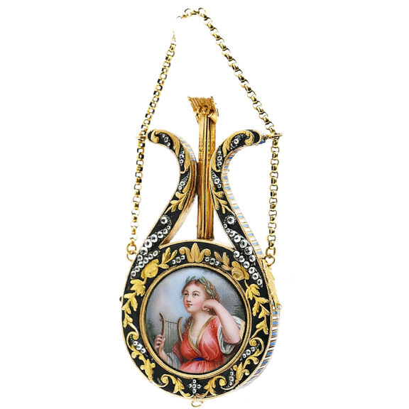 Swiss highly decorative fob watch in the shape of a lyre Circa 1780