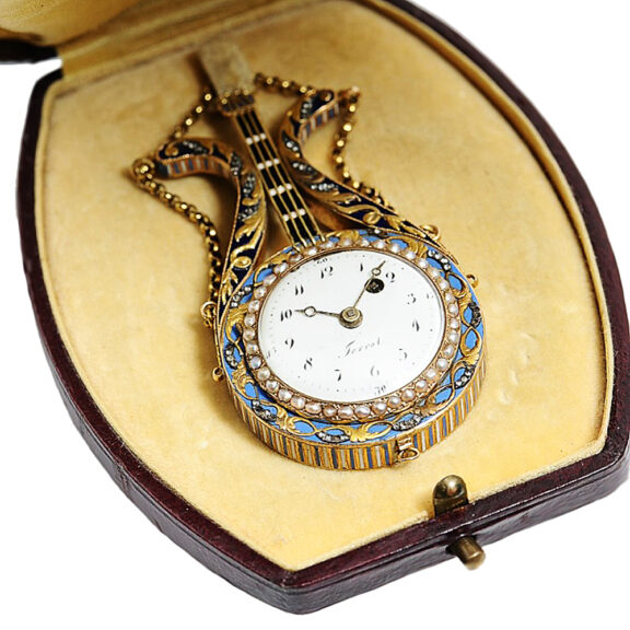 Swiss highly decorative fob watch in the shape of a lyre Circa 1780 Swiss highly decorative fob watch in the shape of a lyre Circa 1780