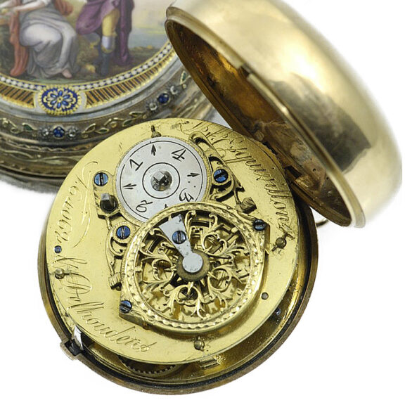 Swiss pair-cased watch with a very fine enamel painting Circa 1770 Swiss pair-cased watch with a very fine enamel painting Circa 1770