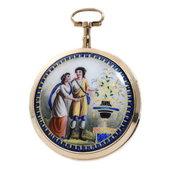 German gold enamel watch in a gilt protective case Circa 1800