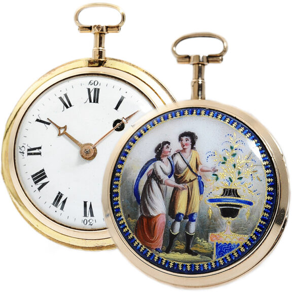 German gold enamel watch in a gilt protective case Circa 1800