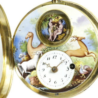 Swiss gold pocket watch with enamel animated scene Circa 1810