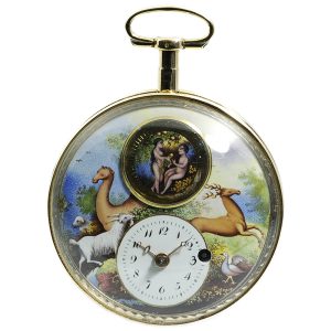 Swiss gold pocket watch with enamel animated scene Circa 1810