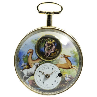 Swiss gold pocket watch with enamel animated scene Circa 1810