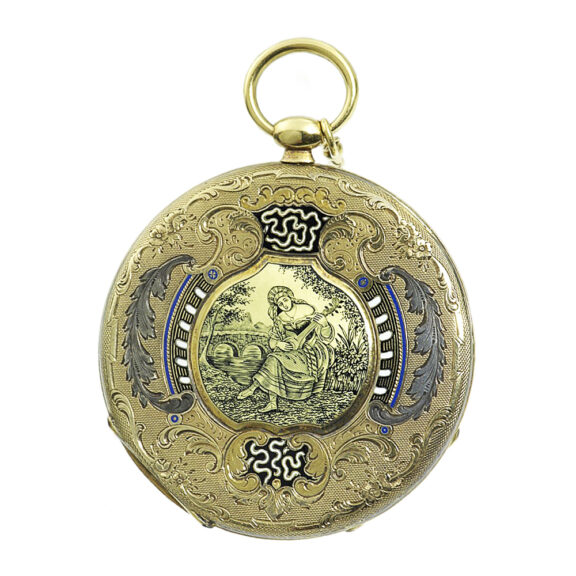 Swiss lavishly decorated 18K gold and enamel watch Circa 1830 Swiss lavishly decorated 18K gold and enamel watch Circa 1830