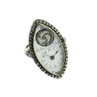 Swiss navette shaped ring watch with visible balance Circa 1820