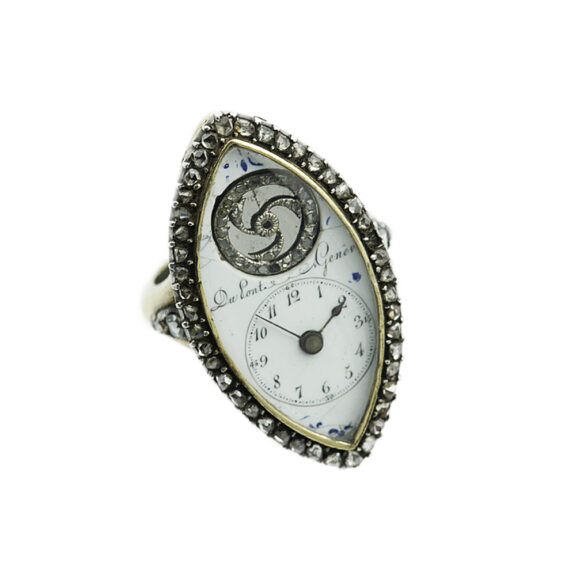 Swiss navette shaped ring watch with visible balance Circa 1820 Swiss navette shaped ring watch with visible balance Circa 1820