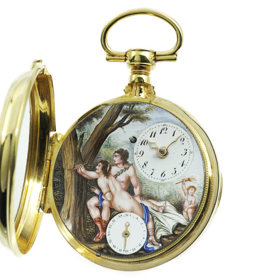 Swiss calendar verge with polychrome enamel dial Circa 1790 Swiss calendar verge with polychrome enamel dial Circa 1790