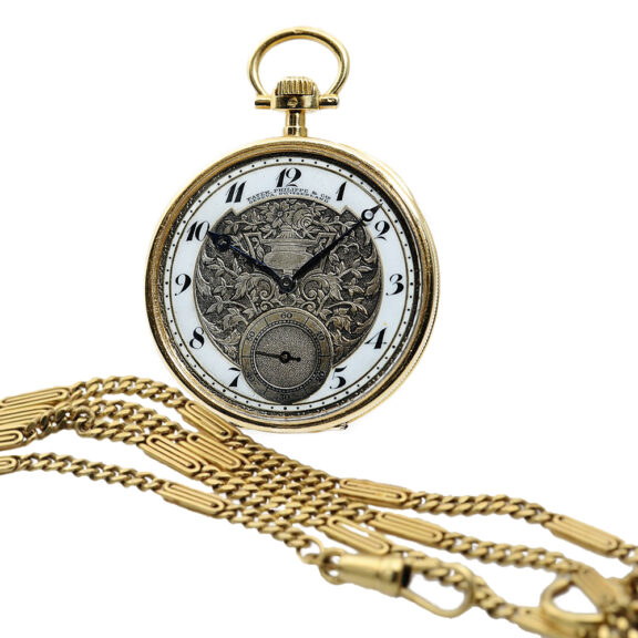 Swiss gold pocket watch with relief engraving silver dial Circa 1910 Swiss gold pocket watch with relief engraving silver dial Circa 1910