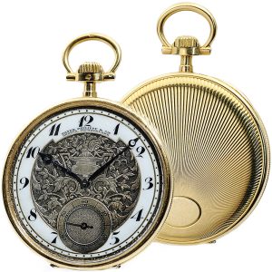 Swiss gold pocket watch with relief engraving silver dial Circa 1910