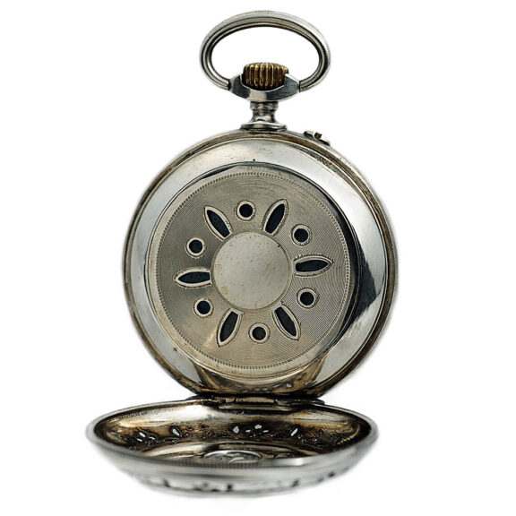 Swiss silver open faced lever pocket watch with cricket alarm Circa 1900 Swiss silver open faced lever pocket watch with cricket alarm Circa 1900