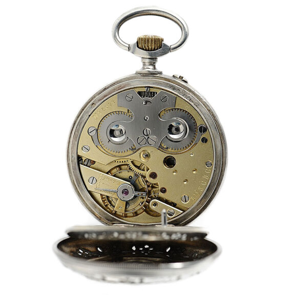 Swiss silver open faced lever pocket watch with cricket alarm Circa 1900 Swiss silver open faced lever pocket watch with cricket alarm Circa 1900