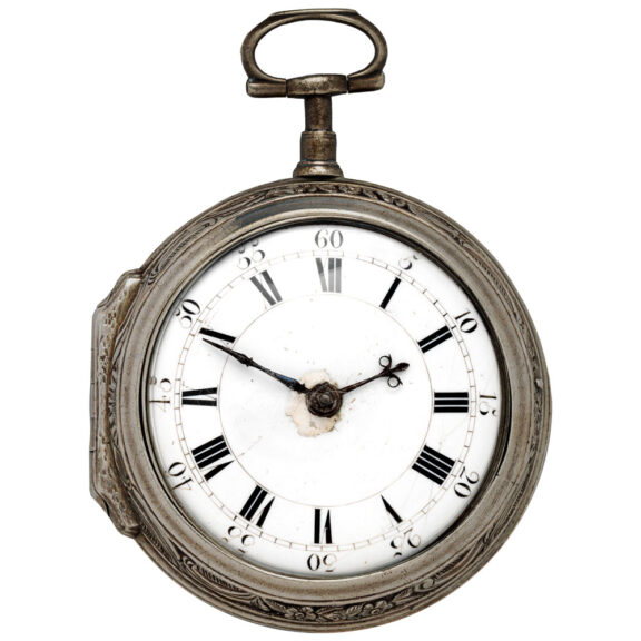English silver pair-cased repoussé pocket watch Circa 1759 English silver pair-cased repoussé pocket watch Circa 1759