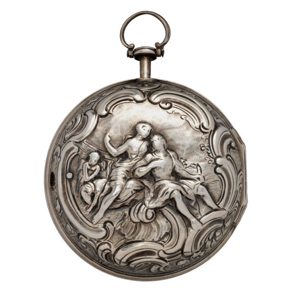 English silver pair-cased repoussé watch with date Circa 1759 English silver pair-cased repoussé watch with date Circa 1759