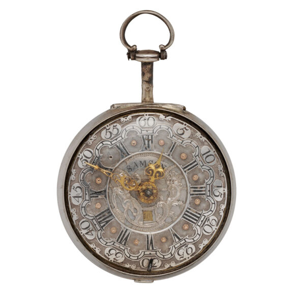 English silver pair-cased repoussé watch with date Circa 1759 English silver pair-cased repoussé watch with date Circa 1759