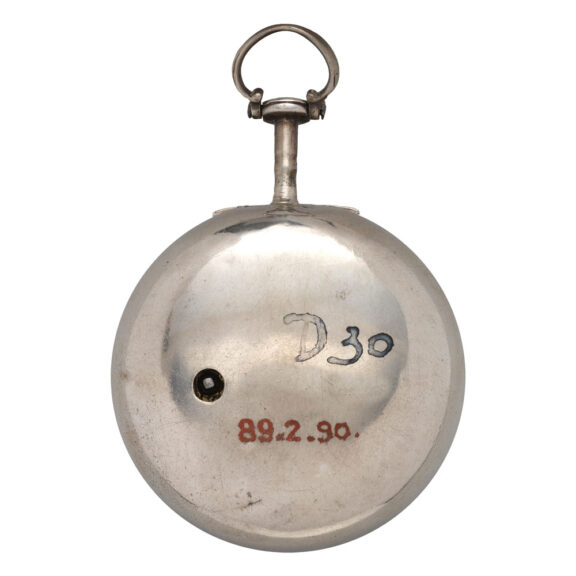 English silver pair-cased repoussé watch with date Circa 1759 English silver pair-cased repoussé watch with date Circa 1759