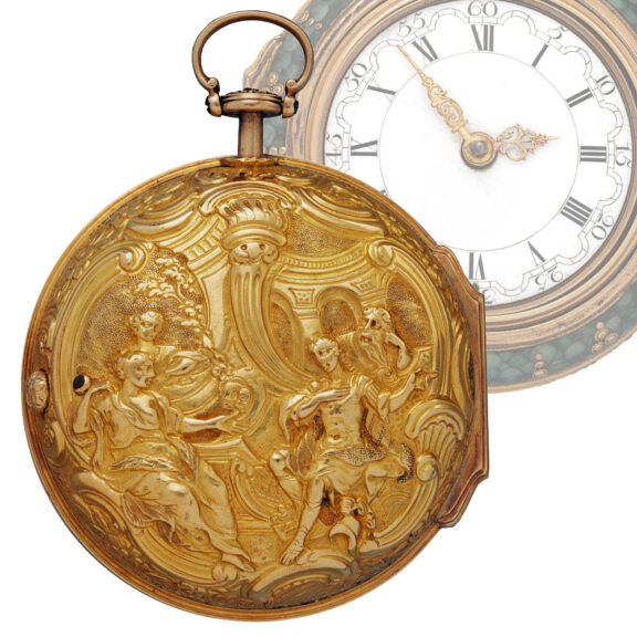 An English repoussé verge pocket watch in a triple case Circa 1770