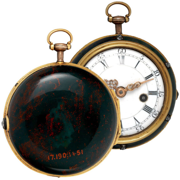 English gold, bloodstone and diamond-set pocket watch Circa 1740