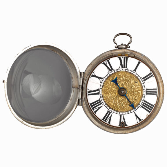 English silver verge pocket watch with gold engraved dial Circa 1720 English silver verge pocket watch with gold engraved dial Circa 1720