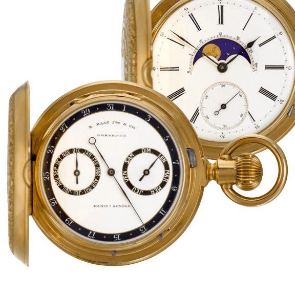 Swiss gold double dialled lever calendar watch circa 1890 Swiss gold double dialled lever calendar watch circa 1890