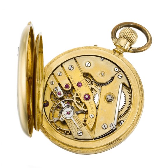 Swiss half hunting cased watch with painted crests Circa 1880 Swiss half hunting cased watch with painted crests Circa 1880