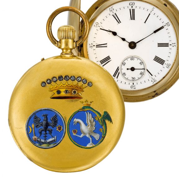 Swiss half hunting cased watch with painted crests Circa 1880