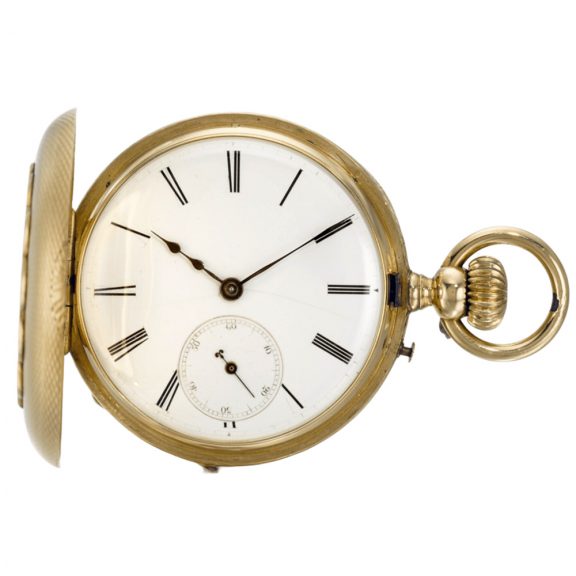 Swiss 18k gold half hunting keyless pocket watch Circa 1865 Swiss 18k gold half hunting keyless pocket watch Circa 1865