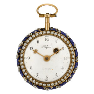 French gold enamel open faced keywind pearl set pocket watch Circa 1790