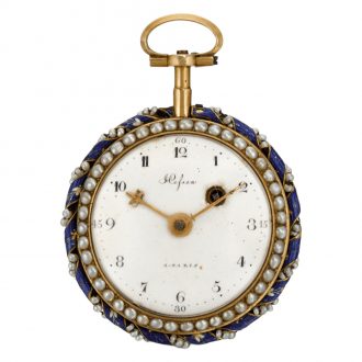 French gold enamel open faced keywind pearl set pocket watch Circa 1790