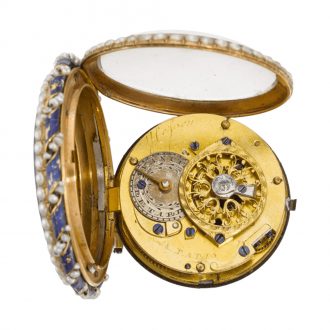 French gold enamel open faced keywind pearl set pocket watch Circa 1790