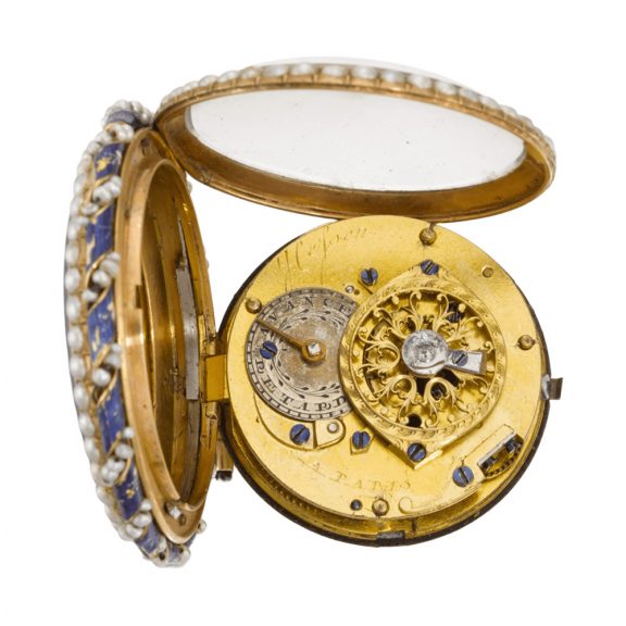 French gold enamel open faced keywind pearl set pocket watch Circa 1790 French gold enamel open faced keywind pearl set pocket watch Circa 1790