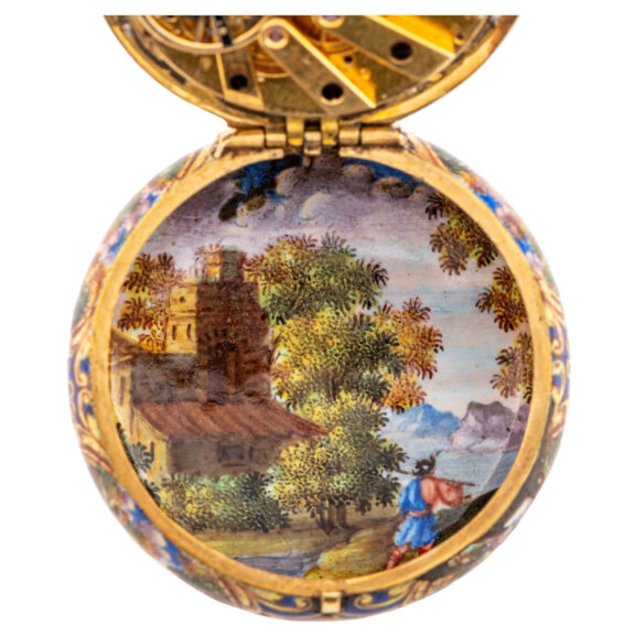 Swiss 21k gold and enamel open faced cylinder Circa 1685 Swiss 21k gold and enamel open faced cylinder Circa 1685