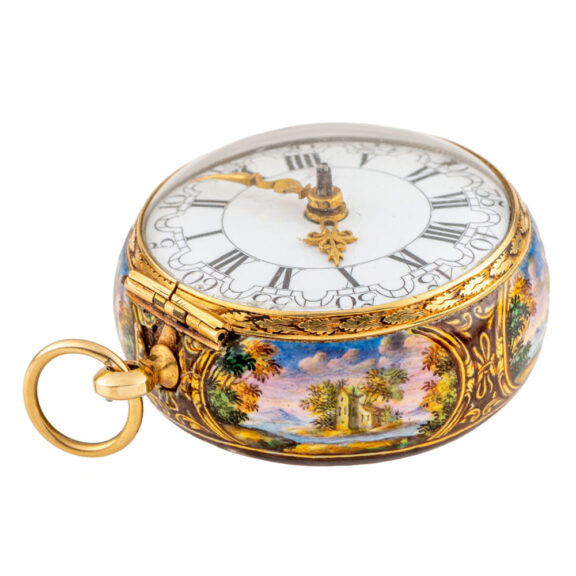 Swiss gold and enamel painted pair cased verge Circa 1760 Swiss gold and enamel painted pair cased verge Circa 1760