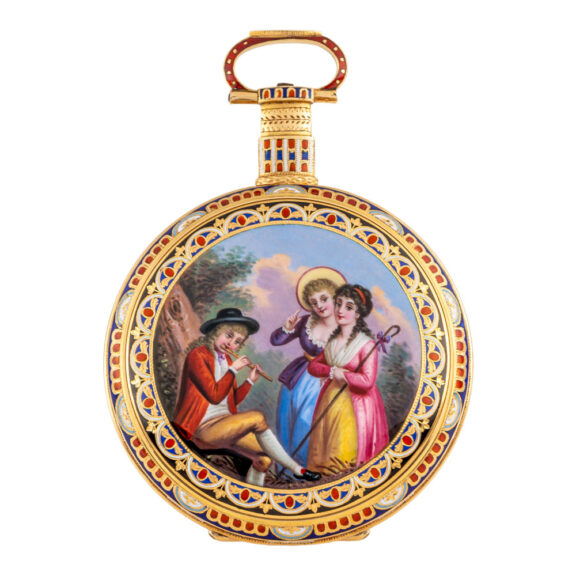 Swiss 18k gold and enamel center seconds duplex Circa 1850 Swiss 18k gold and enamel center seconds duplex Circa 1850