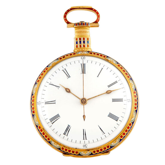 Swiss 18k gold and enamel center seconds duplex Circa 1850 Swiss 18k gold and enamel center seconds duplex Circa 1850