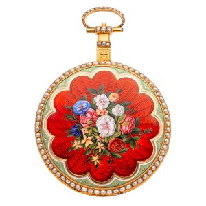 Fine English 18k gold, enamel and pearl set watch Circa 1810