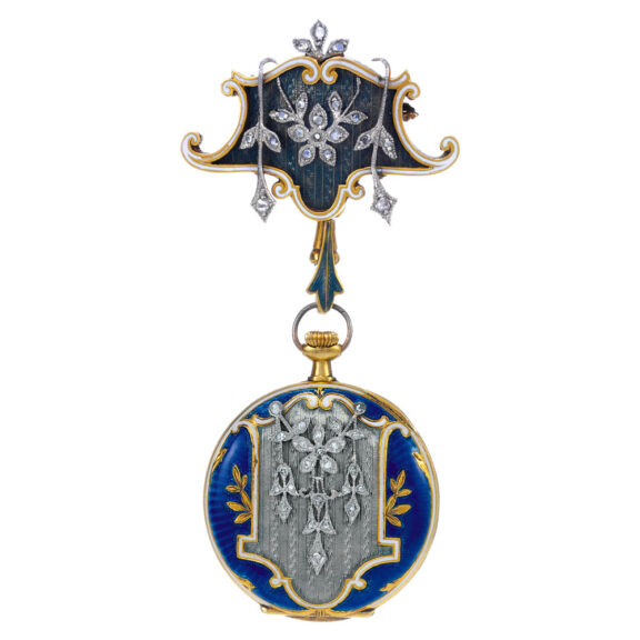 Decorative Swiss 18k gold fob watch with brooch Circa 1906 Decorative Swiss 18k gold fob watch with brooch Circa 1906