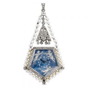 Elegant platinum lever pendant watch and chain Circa 1905