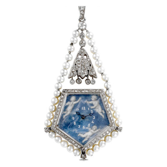 Elegant platinum lever pendant watch and chain Circa 1905