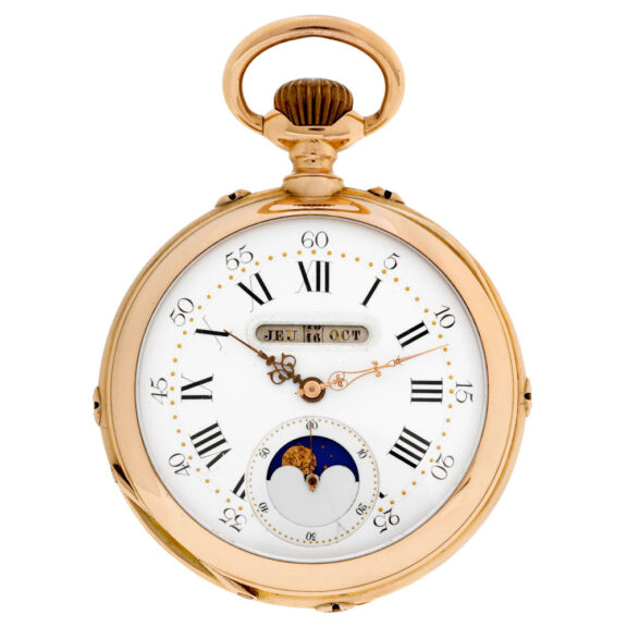 Swiss gold lever with calendar and moon phases Circa 1905
