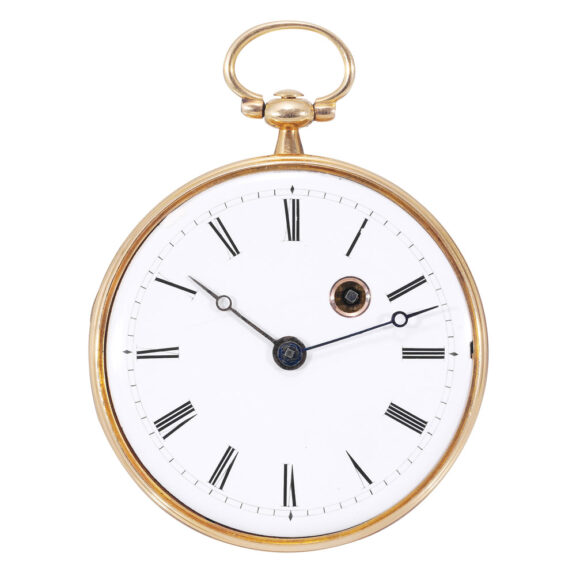 Rare French gold open faced verge watch and key Circa 1800