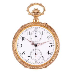 Swiss gold open faced keyless lever chronograph Circa 1905