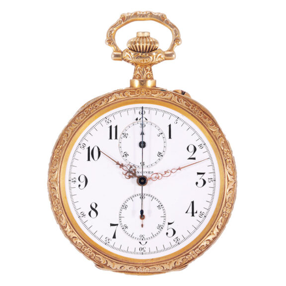 Swiss gold open faced keyless lever chronograph Circa 1905 Swiss gold open faced keyless lever chronograph Circa 1905