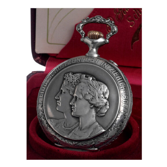 Swiss silver keyless lever with high relief cast case Circa 1907
