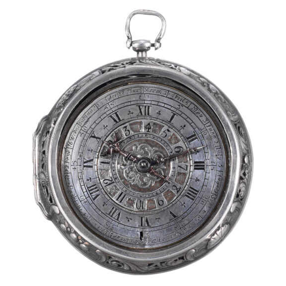 Swiss repoussé astronomical verge with alarm Circa 1750 Swiss repoussé astronomical verge with alarm Circa 1750