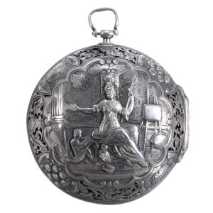 Swiss repoussé astronomical verge with alarm Circa 1750