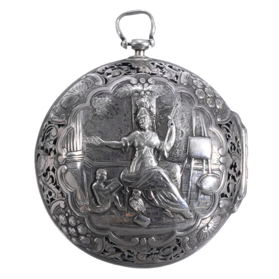 Swiss repoussé astronomical verge with alarm Circa 1750